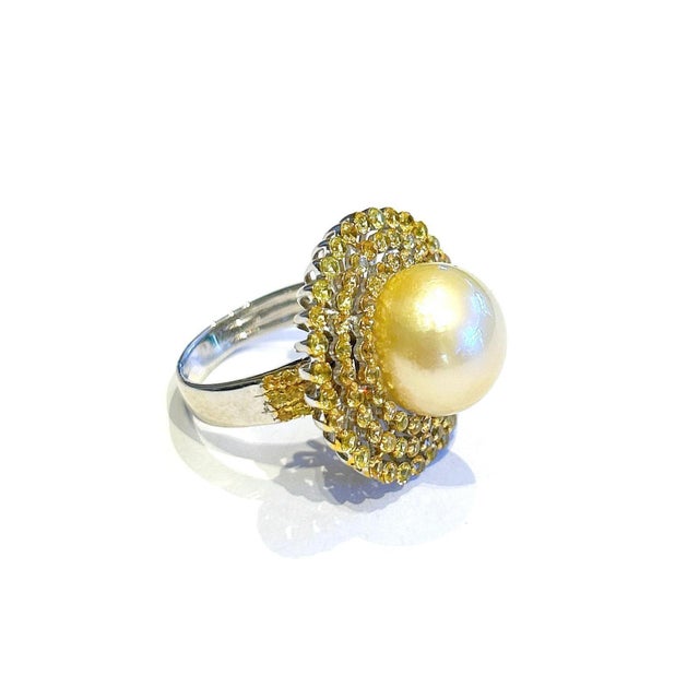 Bochic “Orient” Vintage South Sea Pearl & Sapphire Ring Set 18K Gold & Silver Natural Sapphire 1 carats South Sea Golden...