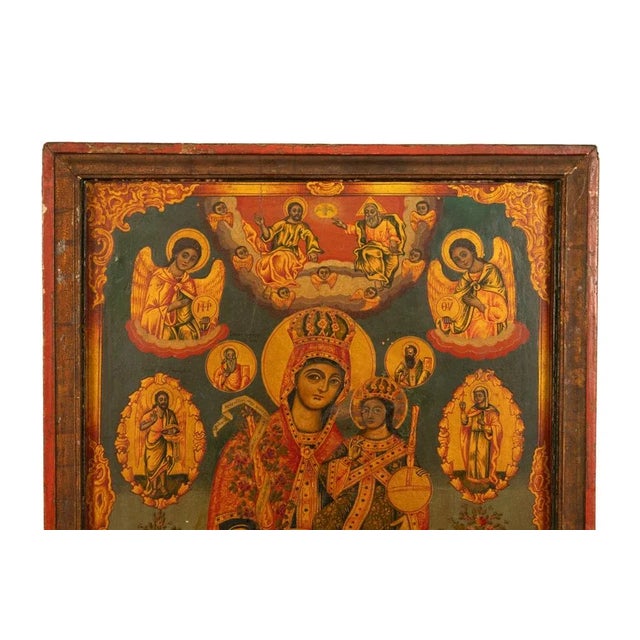 Gold Antique 19th C Greek Orthodox Icon Virgin Mary & Jesus St. George & Dragon 1800 For Sale - Image 8 of 18