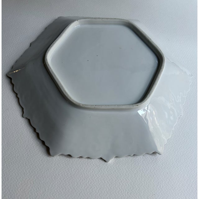 Vintage White Hexagonal Ceramic Serving Dish With Cobalt Blue & Gold Trim For Sale - Image 14 of 16