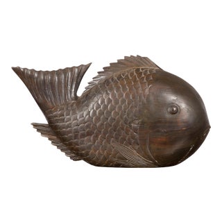 Vintage Thai Carved Wooden Carp Sculpture with Detailed Scales and Dark Patina For Sale