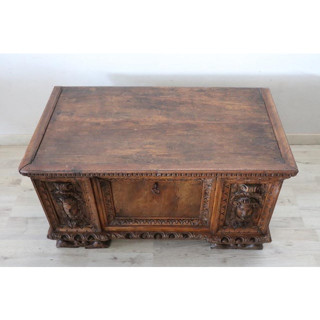 Brown Antique Blanket Chest in Hand-Carved Walnut, 1600s For Sale - Image 8 of 17