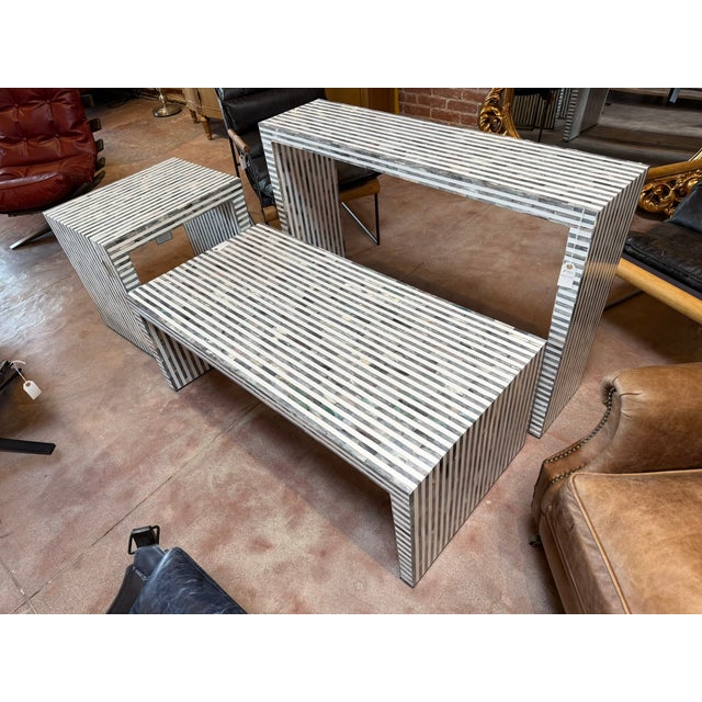 Contemporary Stunning 3-Piece Striped Inlay Waterfall Table Set – Console, Coffee & Side Table For Sale - Image 3 of 3