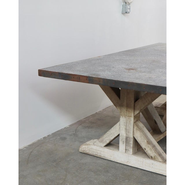 Wood Vintage Zinc Top Trestle Table With Heart Pine Base For Sale - Image 7 of 8