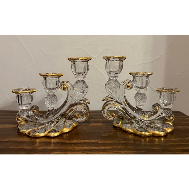 Cambridge Glass Company 1930s Cambridge Glass Valencia Etched & Gilt 3-Light Candelabra – Pair For Sale - Image 4 of 17