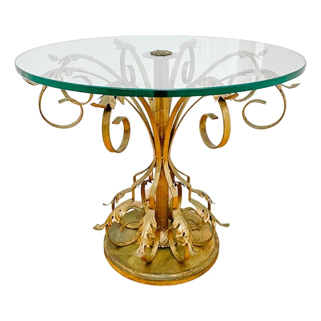 Mid 20th Century Hollywood Regency Italian Florentine Gilded Wrought Iron Side Table With Glass Top For Sale