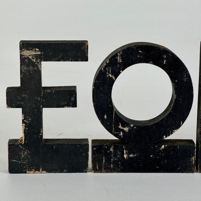 Unique Vintage Wooden Letters Spelling "Folk Art" in Art Deco Design & Weathered Black Paint For Sale - Image 4 of 10