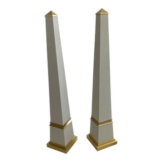 French Leather Wrapped Obelisks With Satin Bronze Details - A Pair For Sale