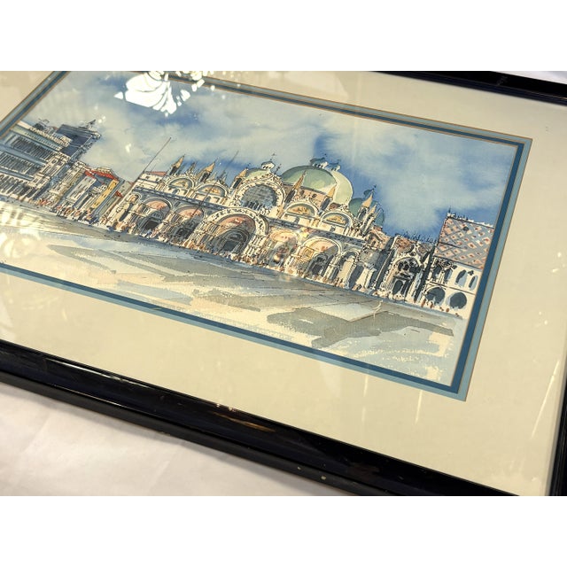 Signed and Framed Original Watercolor Painting of 'The Piazza at San Marco Square' For Sale In West Palm - Image 6 of 18