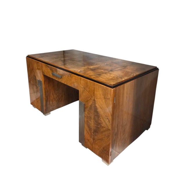 Art Deco 1930s Exceptional French Burl Walnut + Nickel Bronze Executive Office Desk / Writing Table/ Bureau Plat For Sale - Image 3 of 18