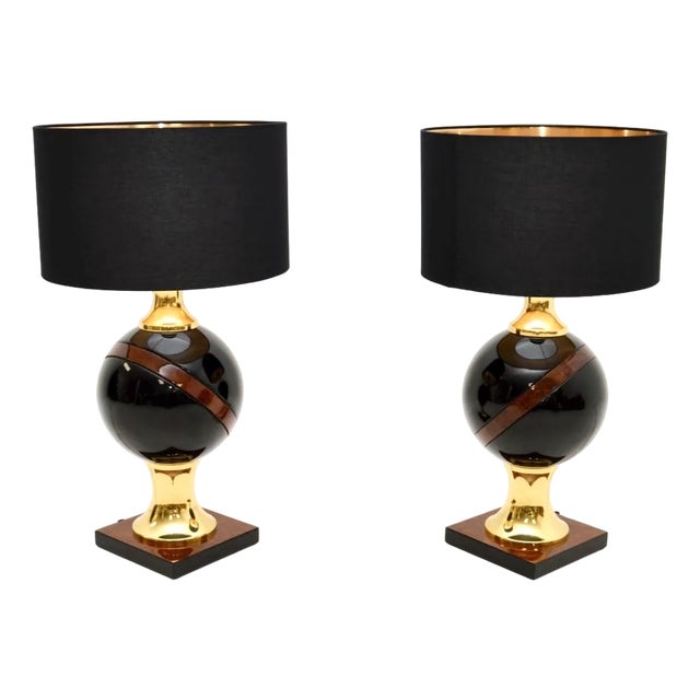 Vintage Italian Walnut and Brass Table Lamps, 1970, Set of 2 For Sale