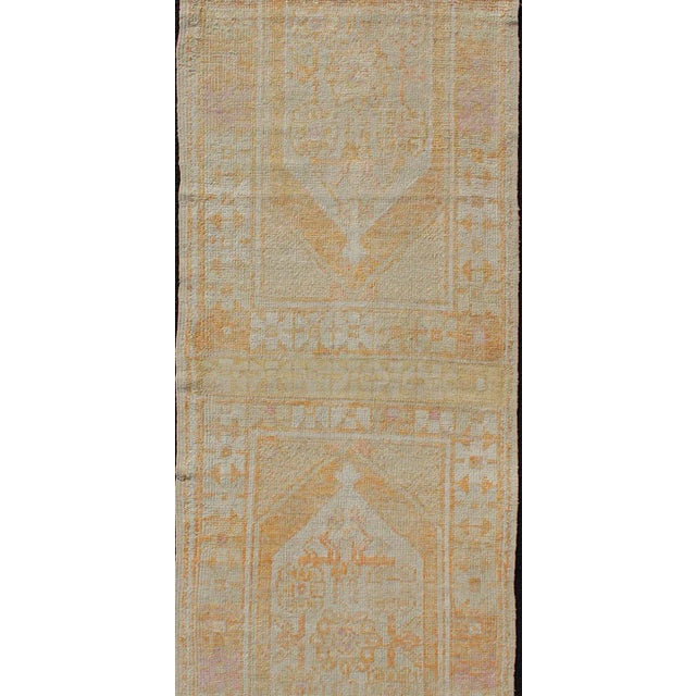 Traditional Vintage Turkish Oushak Runner With Medallion's in Light Blue, Cream, Light Orange For Sale - Image 3 of 13