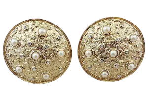 Vintage 1980s Signed Guy Laroche Paris Round Goldtone Faux-Pearl Clip Earrings - 2 Pieces