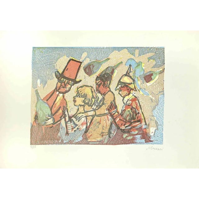 Gathering is a Linocut realized by Mino Maccari in the Mid-20th Century. Hand-signed in the lower right part. Numbered....