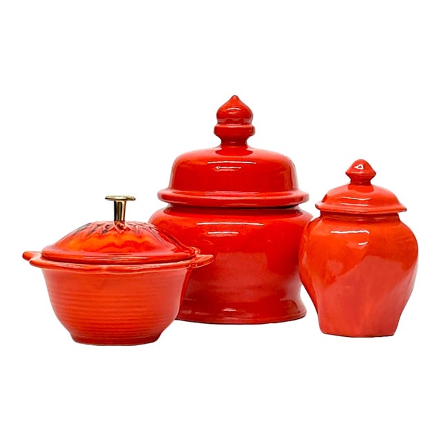 Vintage Red Ceramic Lidded Container Curation - Group of 3 For Sale