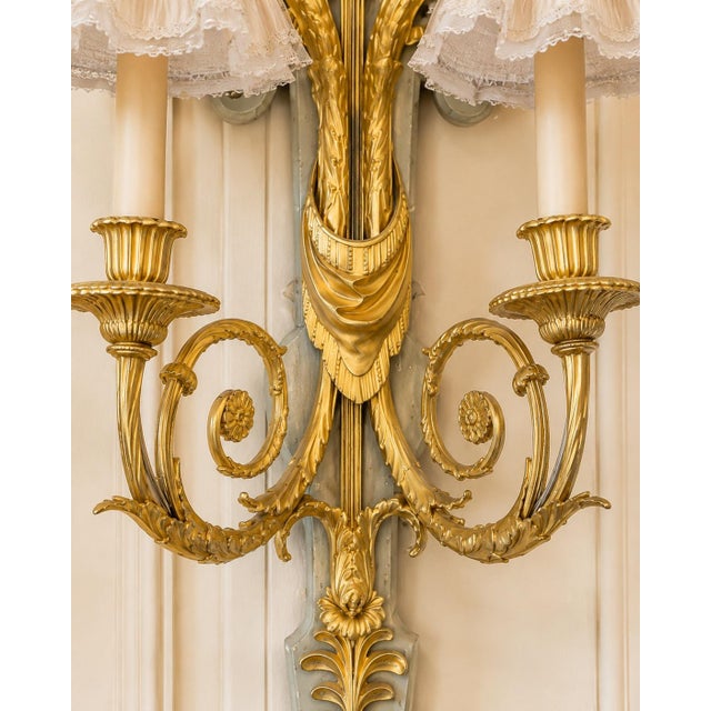 1860 French Artisan Louis XVI Gold Bronze Silk Sconces-Pair For Sale - Image 15 of 17