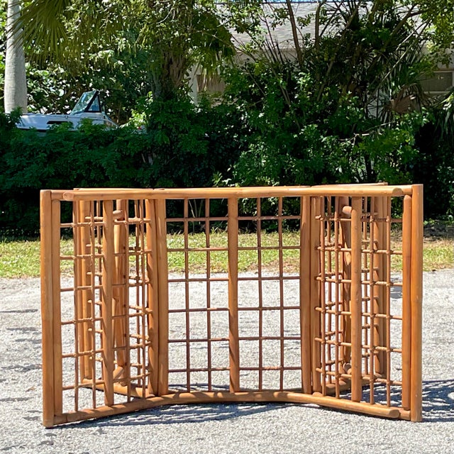 Vintage Coastal Grid Rattan Dining Table Pedestal Base For Sale In West Palm - Image 6 of 9