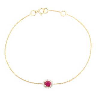 English Style Natural Ruby Diamond Delicate Chain Bracelet in Solid 14k Gold For Sale