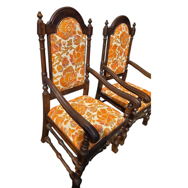 1970s 1970s Ethan Allen Jacobean Royal Charter Oak Dining Room Armchairs Gothic Pair For Sale - Image 5 of 14