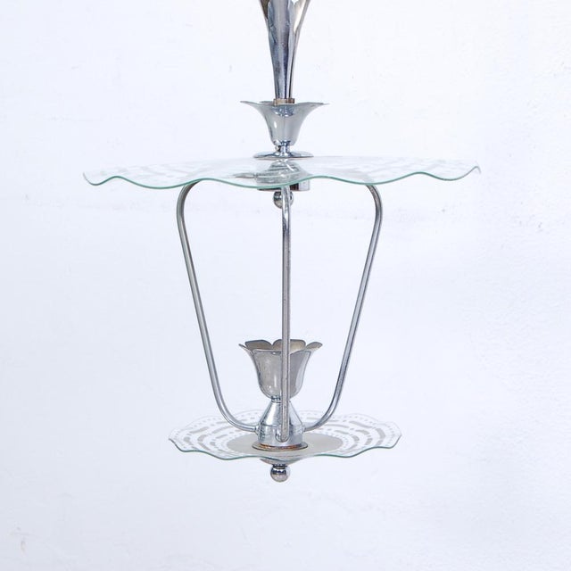 Mid-Century Modern Art Deco Pendant Light in Glass with Metal Leaves, 1940s For Sale - Image 3 of 15