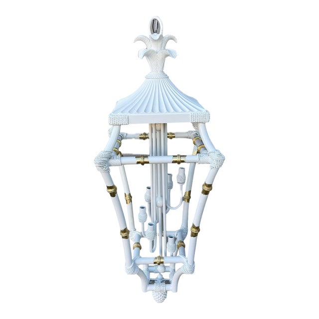 Exquisite Vintage Palm Beach Regency Parcel Gilt Faux Bamboo Lantern Chandelier Curated and Newly Painted by Turtle and Crane For Sale
