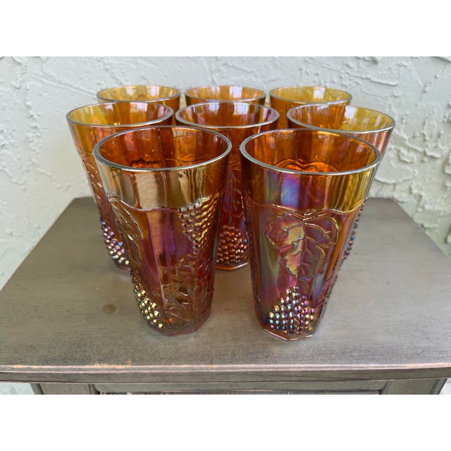 American 1970s Indiana Vintage Marigold Carnival Glass “Harvest Grape” Pitcher & 8 Tumbler Set For Sale - Image 3 of 7