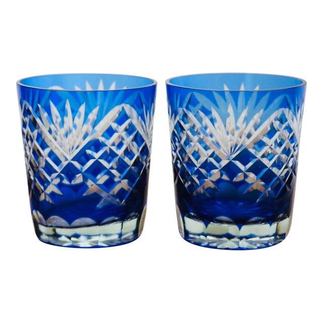 Exquisite Hungarian Cut Crystal Old Fashioned Glasses - Cobalt Blue Cut-to-Clear (Pair) For Sale