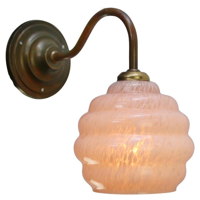 Mid-Century Modern French Pink Clichy Glass Brass Wall Lamp For Sale - Image 3 of 6