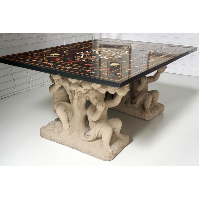 Classical Roman Roman Pietra Dura Inlaid Marble Table Stone Putti Base For Sale - Image 3 of 10