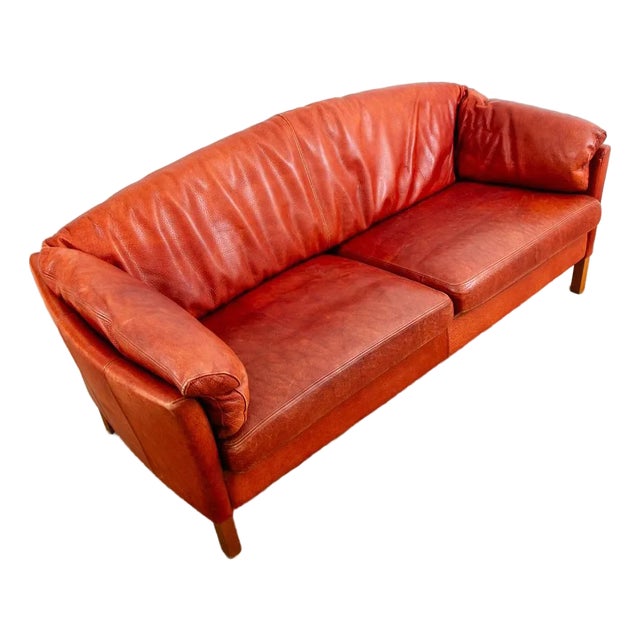 Mid 20th Century Danish Modern Sofa Couch Rust Red Leather 3 Seat Denmark MCM For Sale