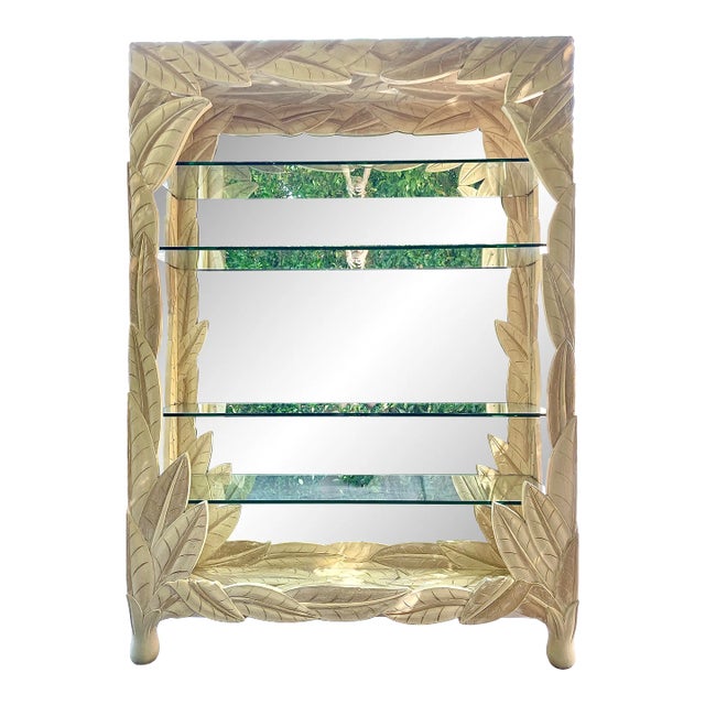 Regency Palm Beach Carved Wood Banana Leaf Mirrored Etagere For Sale