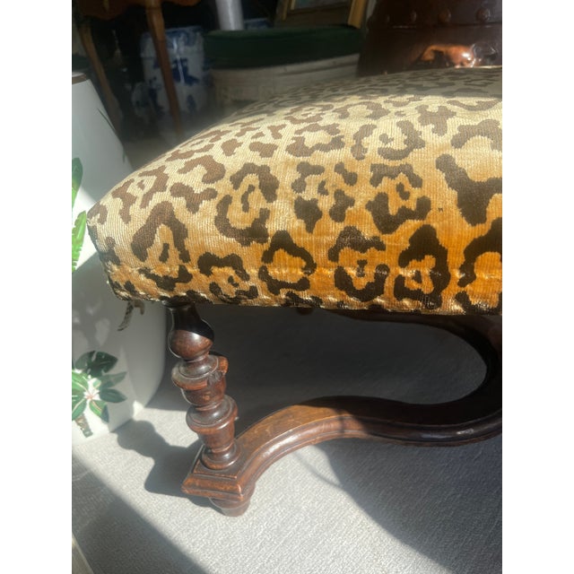 French Louis XIII Style Turned Wood Ottoman, Animal Print Velvet For Sale - Image 14 of 16