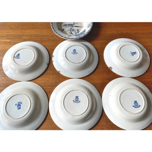 Blue Provencal Earthenware Soup Plates with Bird Pattern from Gien, France, 1890s, Set of 10 For Sale - Image 8 of 9