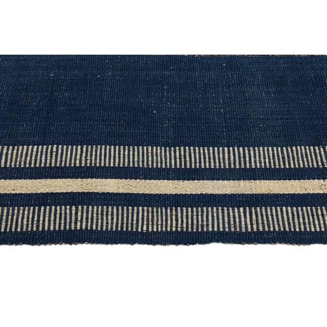 Modern Kilim Style Wool Rug – Hand-Knotted Indigo Blue & Cream Striped Flatweave For Sale In New York - Image 6 of 11