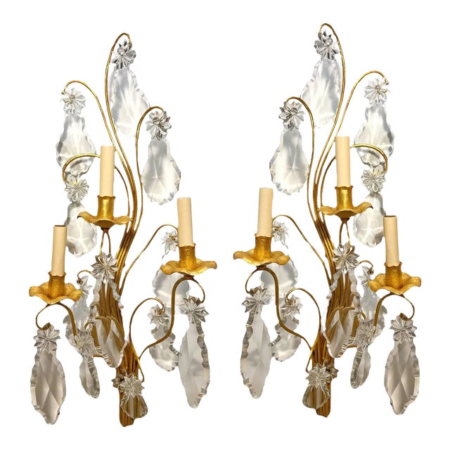 1930’s Bagues 3 Lights Large Sconces With Big Crystals Pendants For Sale