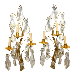 1930’s Bagues 3 Lights Large Sconces With Big Crystals Pendants