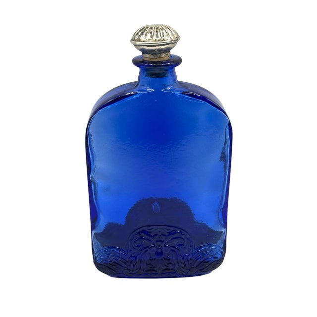 Glass Vintage Cobalt Blue Spanish Art Glass Flask With Ornate Embossed Scrollwork Medallion For Sale - Image 7 of 12
