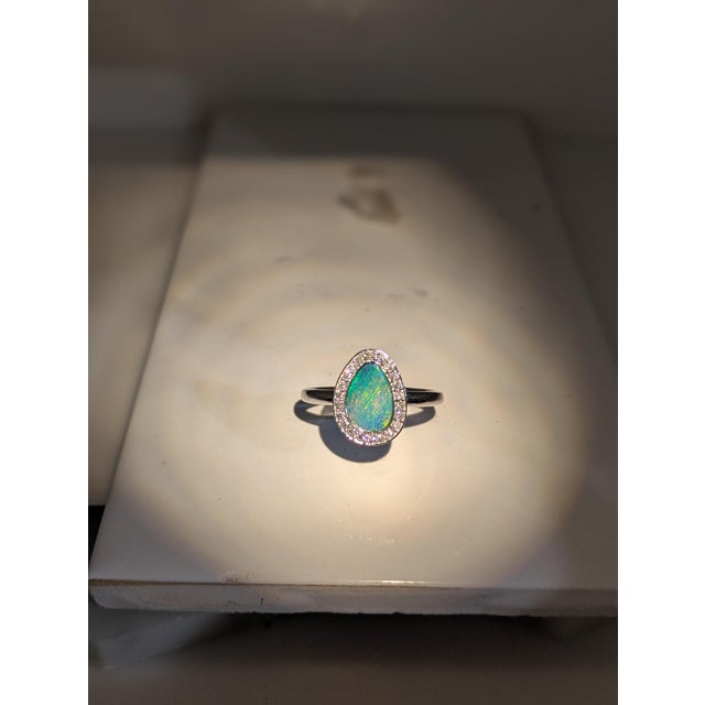 Metal 1ct Boulder Opal Ring W Diamond Accents in 14k Gold | Fancy Shape 9x7mm For Sale - Image 7 of 7
