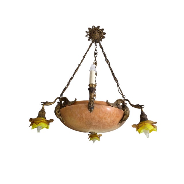 Antique Neoclassical Amber /Honey Alabaster, Gilt Bronze Chandelier W-Griffin Mounts For Sale - Image 10 of 18