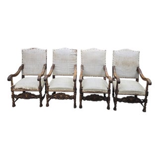 Antique French Henri II Renaissance Revival Carved Walnut Throne Armchairs – 4 For Sale