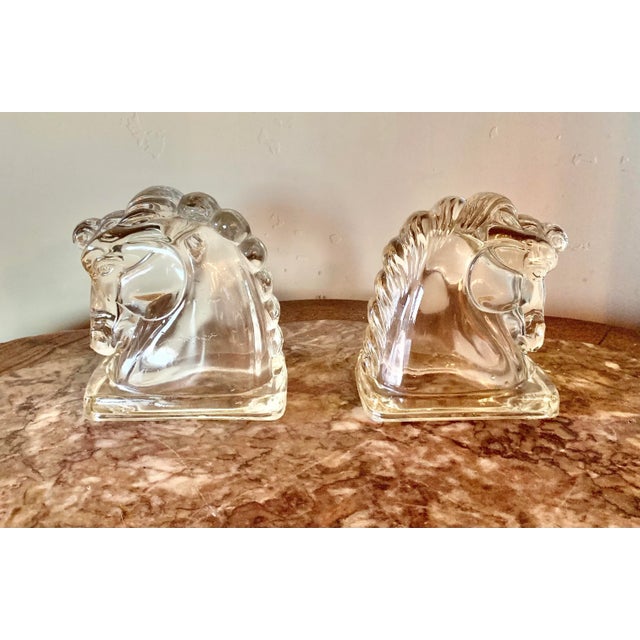 Mid 20th Century Vintage Clear Glass Horse Head Bookends - Set/2 For Sale - Image 5 of 5
