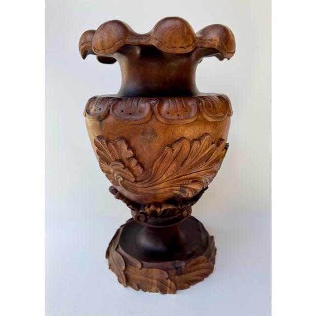 Large Single Block Hand-Carved Ornate Walnut Urn For Sale - Image 10 of 12