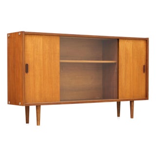 Slim Mid Century Teak China Display Cabinet Sideboard For Sale