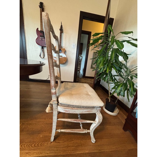 Antique White French Dining Chairs Ladder-Back Rush Seats Custom Pads For Sale - Image 8 of 12