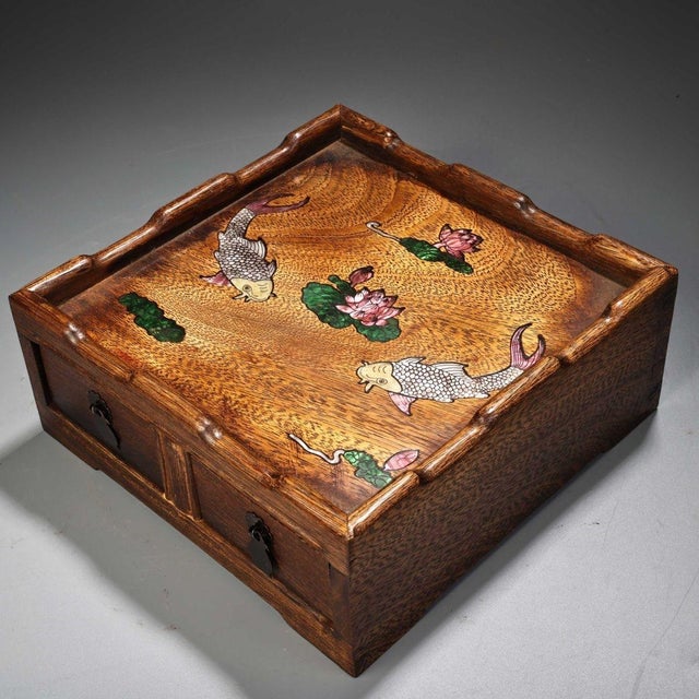 1990s Vintage Huangyang Wood Tea Table Box With Mother of Pearl Inlay For Sale - Image 5 of 10