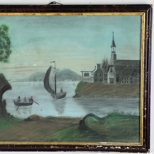 Folk Art Rare to Market 19th C. Primitive Folk Art Colored Sandpaper Painting of River Scene & Boaters For Sale - Image 3 of 13