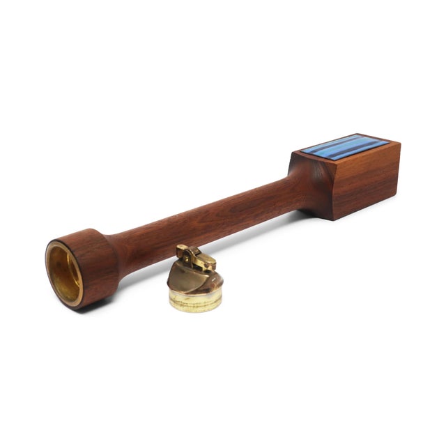 Wood Mid-Century Modern Teak & Blue Enameled Metal Table Lighter For Sale - Image 7 of 9