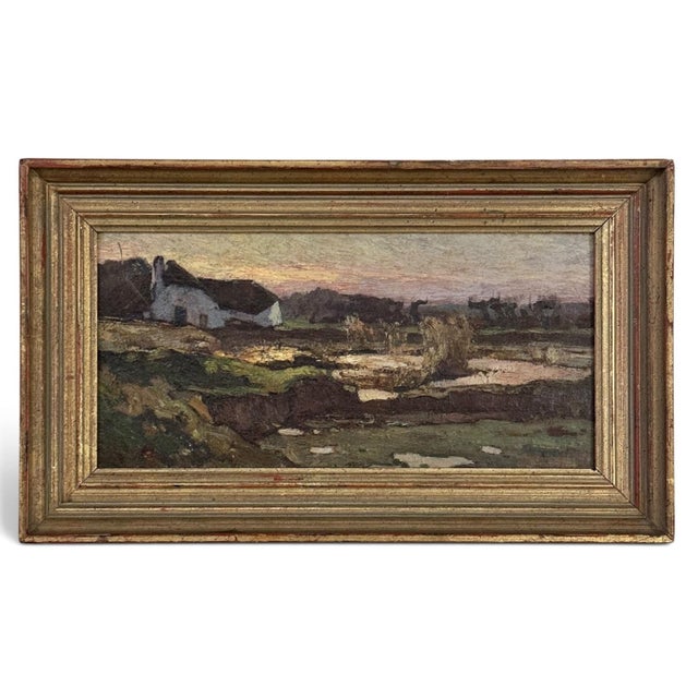 Antique European Oil Painting on Panel, Landscape With Pond and Thatched Farmhouse For Sale - Image 15 of 15