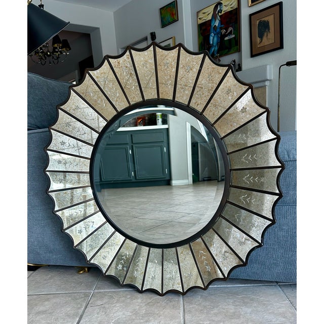 Uttermost Round Sunburst Venetian Style Etched Glass Wall Mirror For Sale In Palm Springs - Image 6 of 17