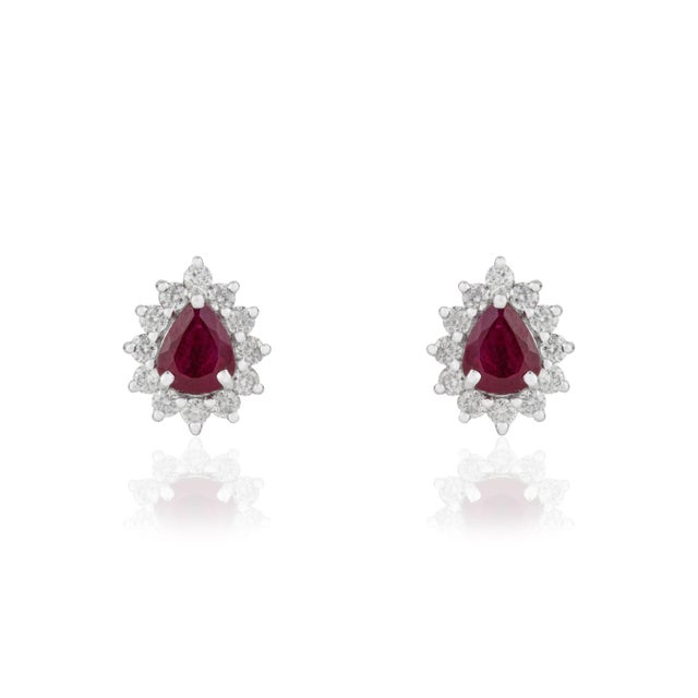 VRJewels 18k Gold Natural Vivid Red Ruby & Diamond Sunburst Stud Earring- A Pair For Sale - Image 4 of 14