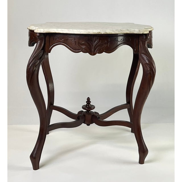 Late 19th Century Victorian Rococo Revival Carved Walnut & Marble Top Parlor Table For Sale - Image 6 of 15